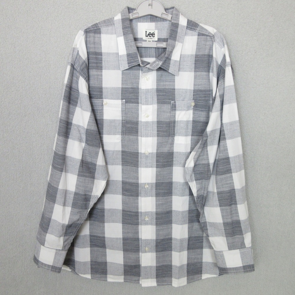 Lee Premium Mens 4XB Gray White Plaid Long Sleeve Button Up Shirt